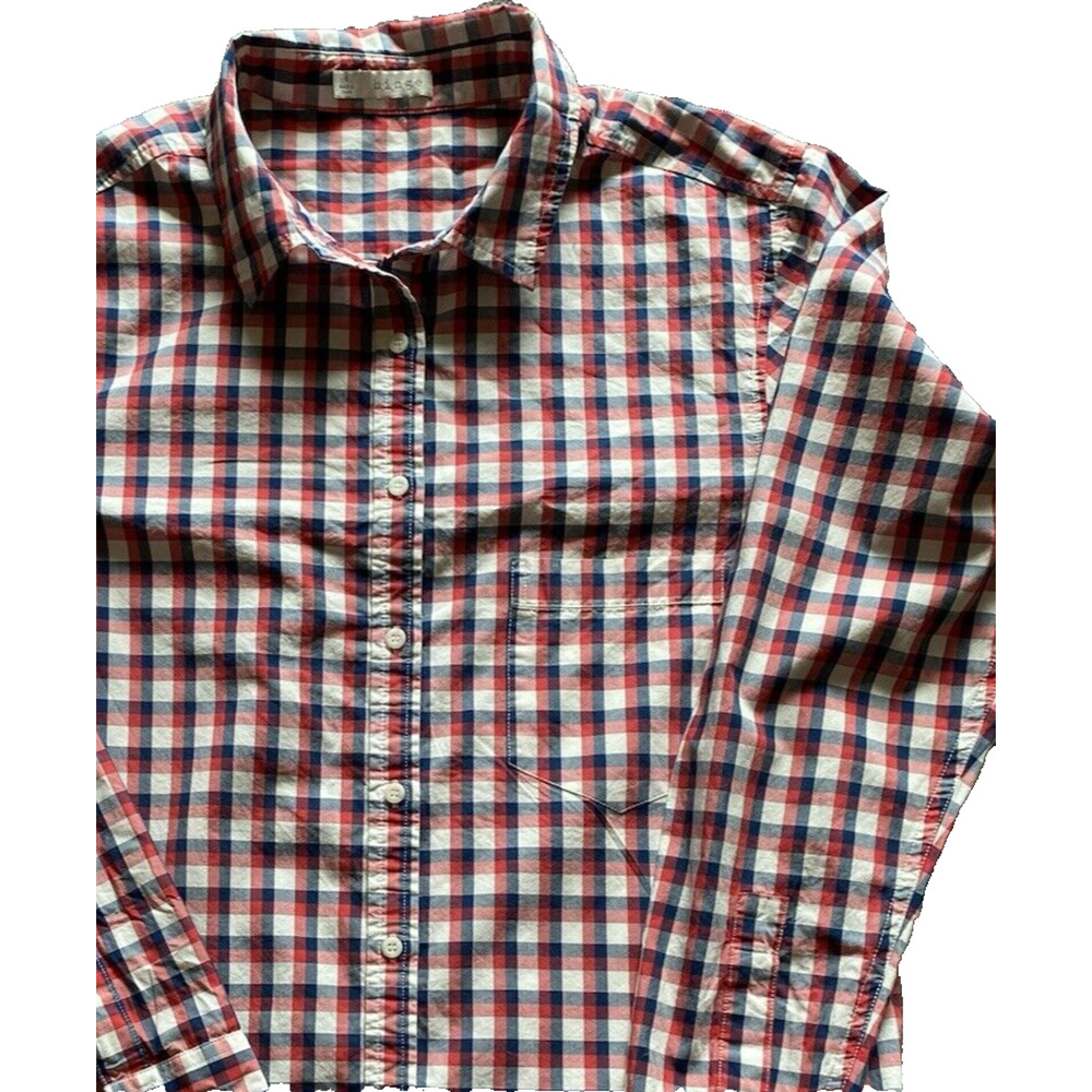 Hinge Nordstroms Small Women Tunic Top Woven Red Blue Plaid 100% Cotton Blouse